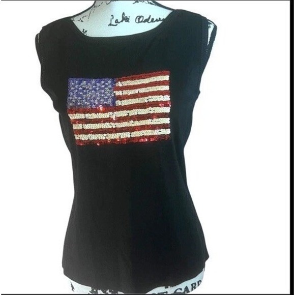 Sweater Works American Flag Sequin Sleeves Knitted‎ Black Shirt Medium - Picture 1 of 6